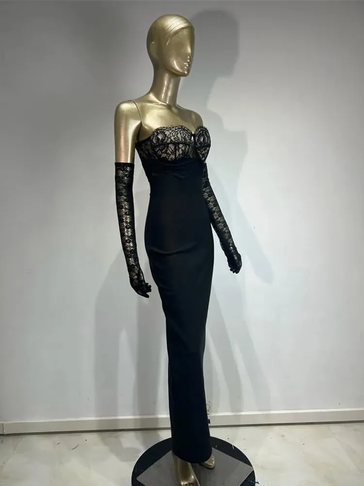 Women Luxury Party Dress Black Strapless Lace Bustier Long Slim Bandage with Gloves Celebrity Evening Gowns