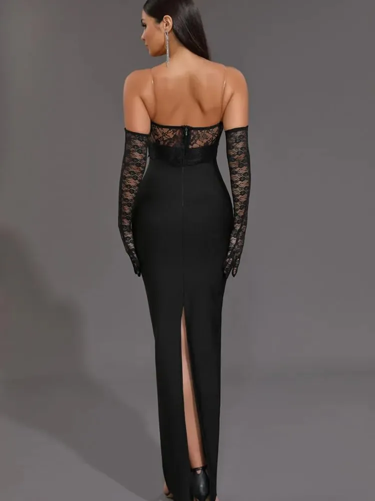 Women Luxury Party Dress Black Strapless Lace Bustier Long Slim Bandage with Gloves Celebrity Evening Gowns