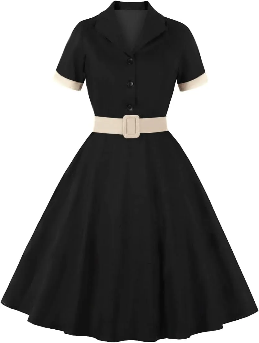 Women Notch Lapel Vintage V-Neck Cocktail Swing Dress 50s 60s Button up 1950s Rockabilly Prom Midi Evening Dress with Pockets