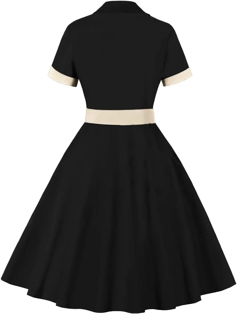 Women Notch Lapel Vintage V-Neck Cocktail Swing Dress 50s 60s Button up 1950s Rockabilly Prom Midi Evening Dress with Pockets