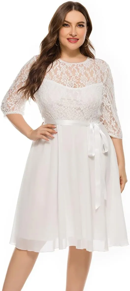 Women Plus Size Floral Lace Chiffon 3/4 Sleeve Cocktail Dress Mesh Knee Length Semi Formal Prom Fit Wedding Guest Midi Dress