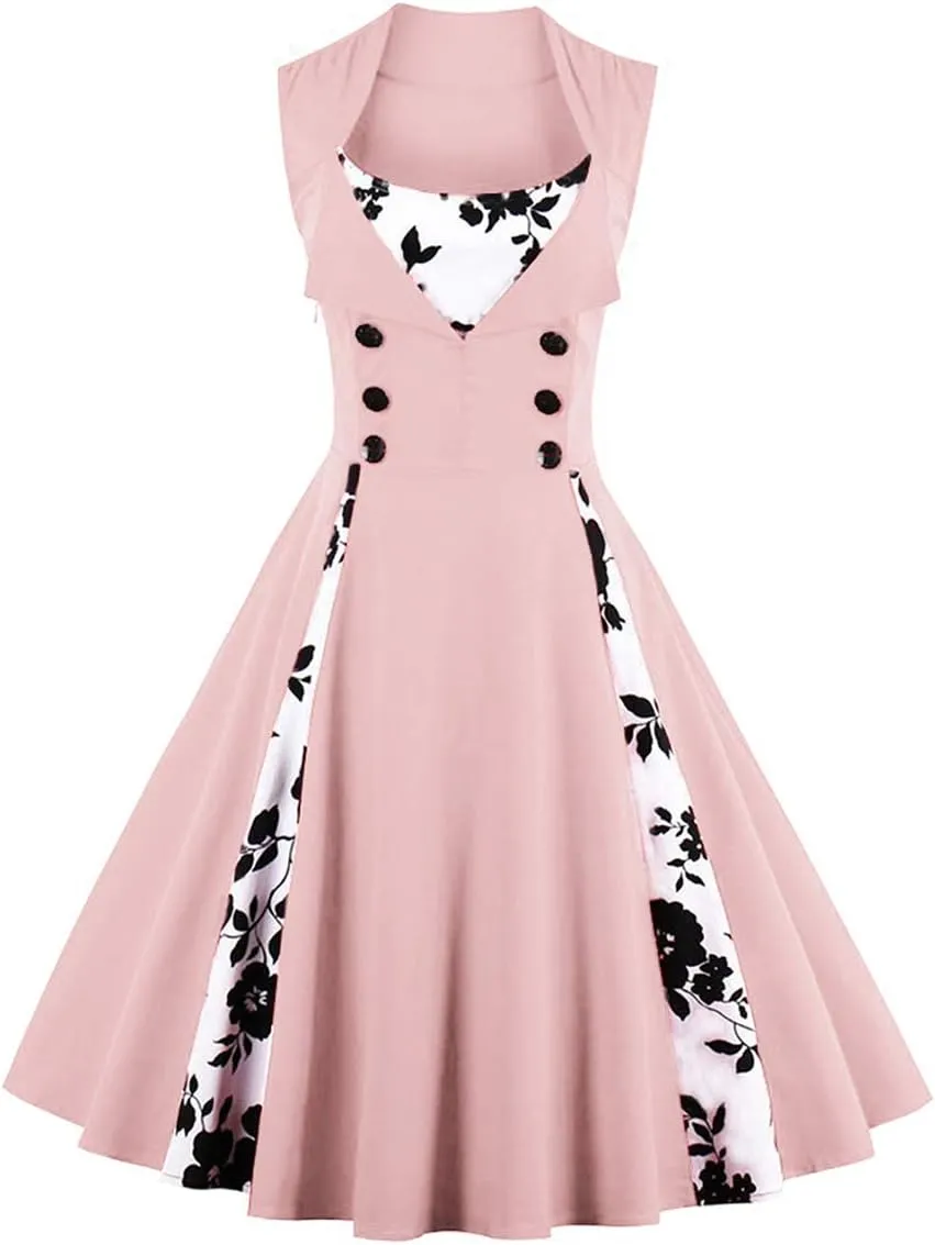 Women Polka Dot Retro Vintage Style Cocktail Party Swing Dress Double Breasted Floral 1950s Dress Patchwork 50s Audrey Dress