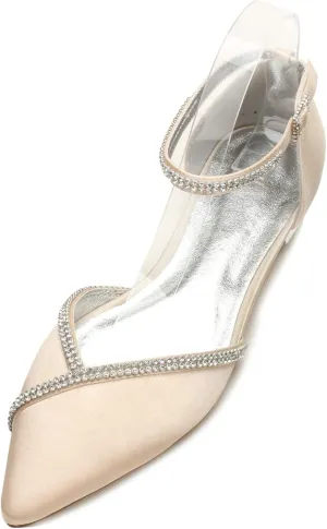 Women Satin Wedding Shoes for Bride Flats Pointed Toe Crystals Party Dress Bridesmaid Shoes 5047-1