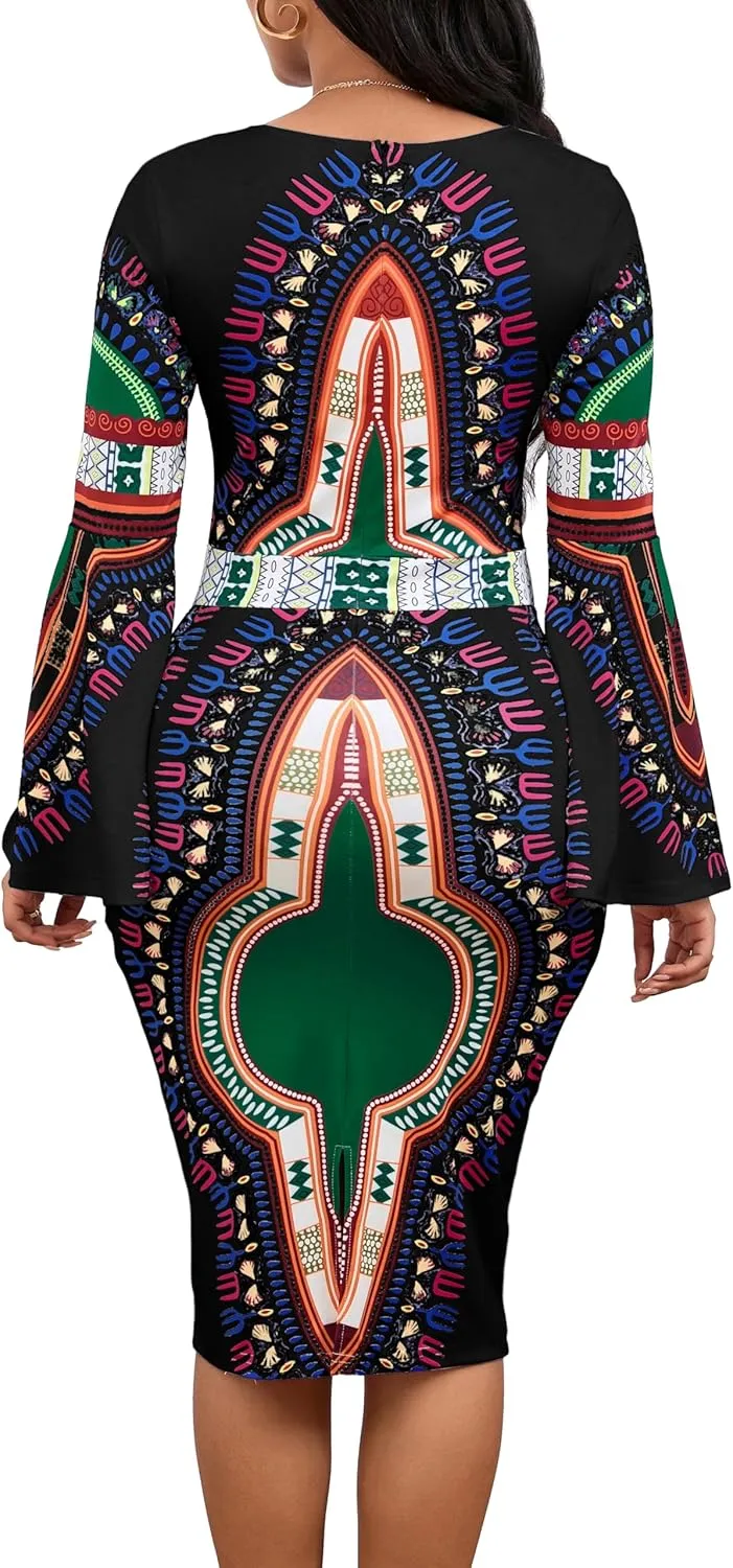Women Sexy Dresses Bodycon Church 3/4 Sleeve African Print Pencil Party Office Dress Work with Split