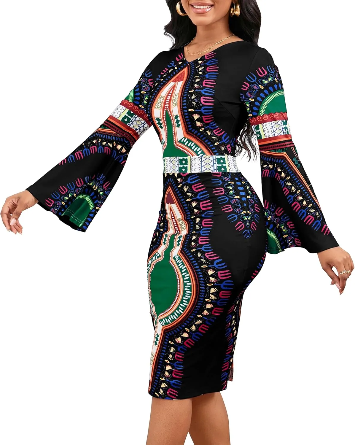 Women Sexy Dresses Bodycon Church 3/4 Sleeve African Print Pencil Party Office Dress Work with Split