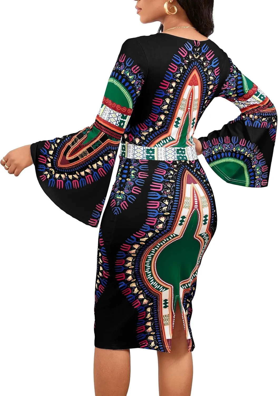 Women Sexy Dresses Bodycon Church 3/4 Sleeve African Print Pencil Party Office Dress Work with Split