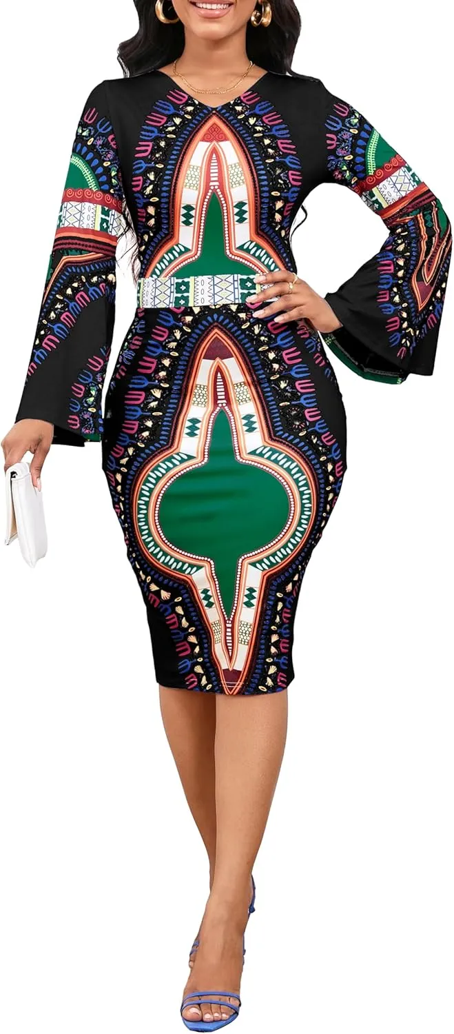 Women Sexy Dresses Bodycon Church 3/4 Sleeve African Print Pencil Party Office Dress Work with Split