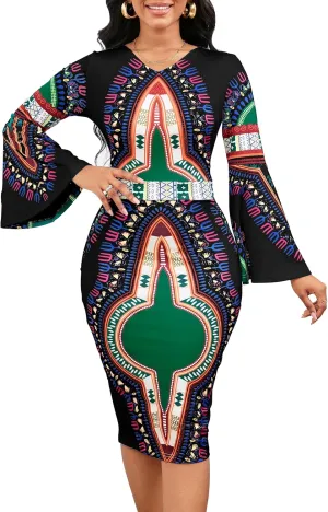 Women Sexy Dresses Bodycon Church 3/4 Sleeve African Print Pencil Party Office Dress Work with Split