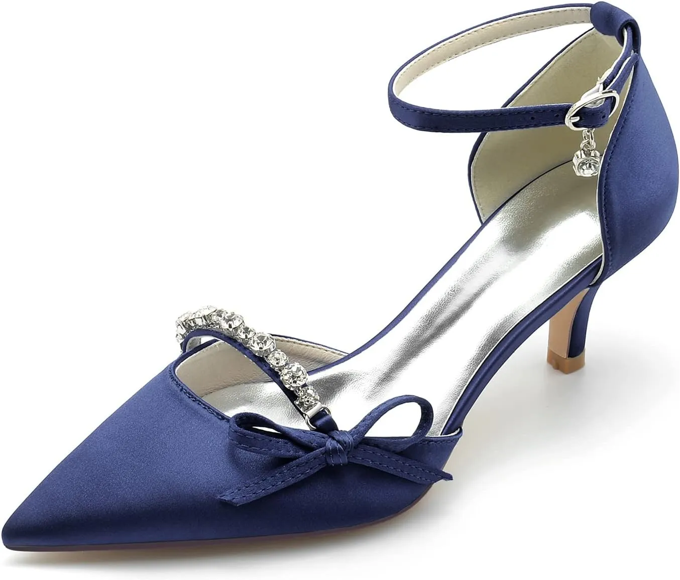 Women Sexy Evening Pointed Toe Satin Low Heel Pumps Kitten Heeled Ankle Strap Shoes with Bow