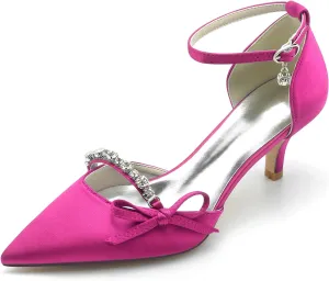 Women Sexy Evening Pointed Toe Satin Low Heel Pumps Kitten Heeled Ankle Strap Shoes with Bow