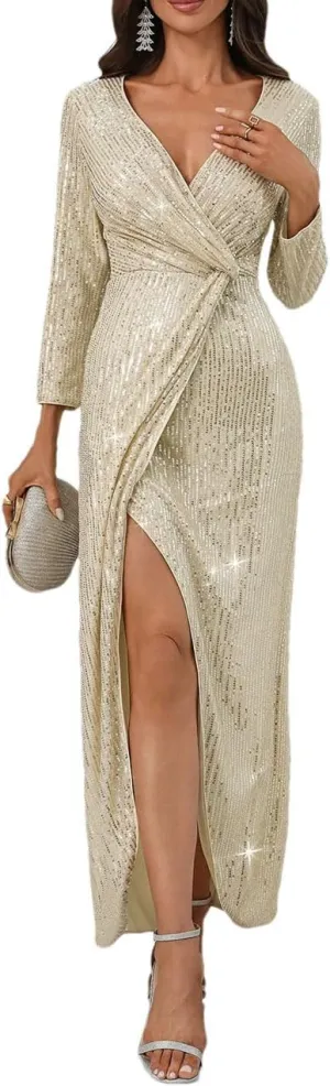 Women Sexy V Neck Wrap Split Party Cocktail Gowns Bodycon Evening Maxi Elegant Long Sleeve Dress