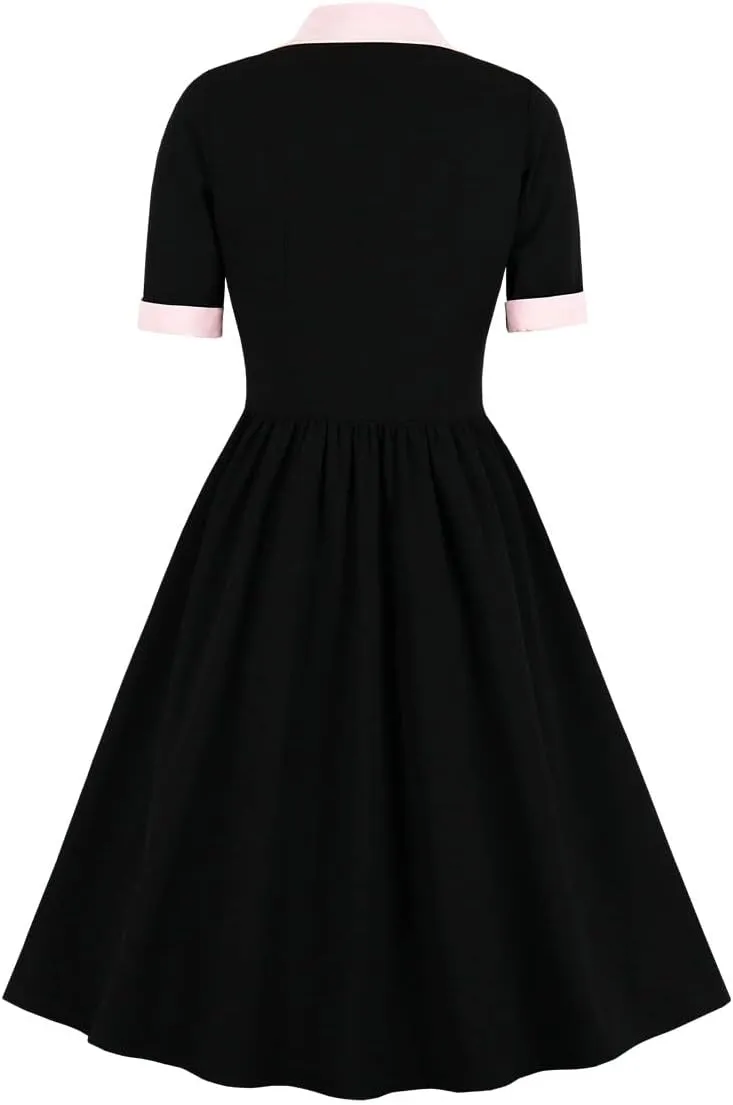 Women Short Sleeve Tie Neck Vintage Cocktail Party Dress Buttons Down 50s Flared A-Line Casual Office Work Prom Swing Dress