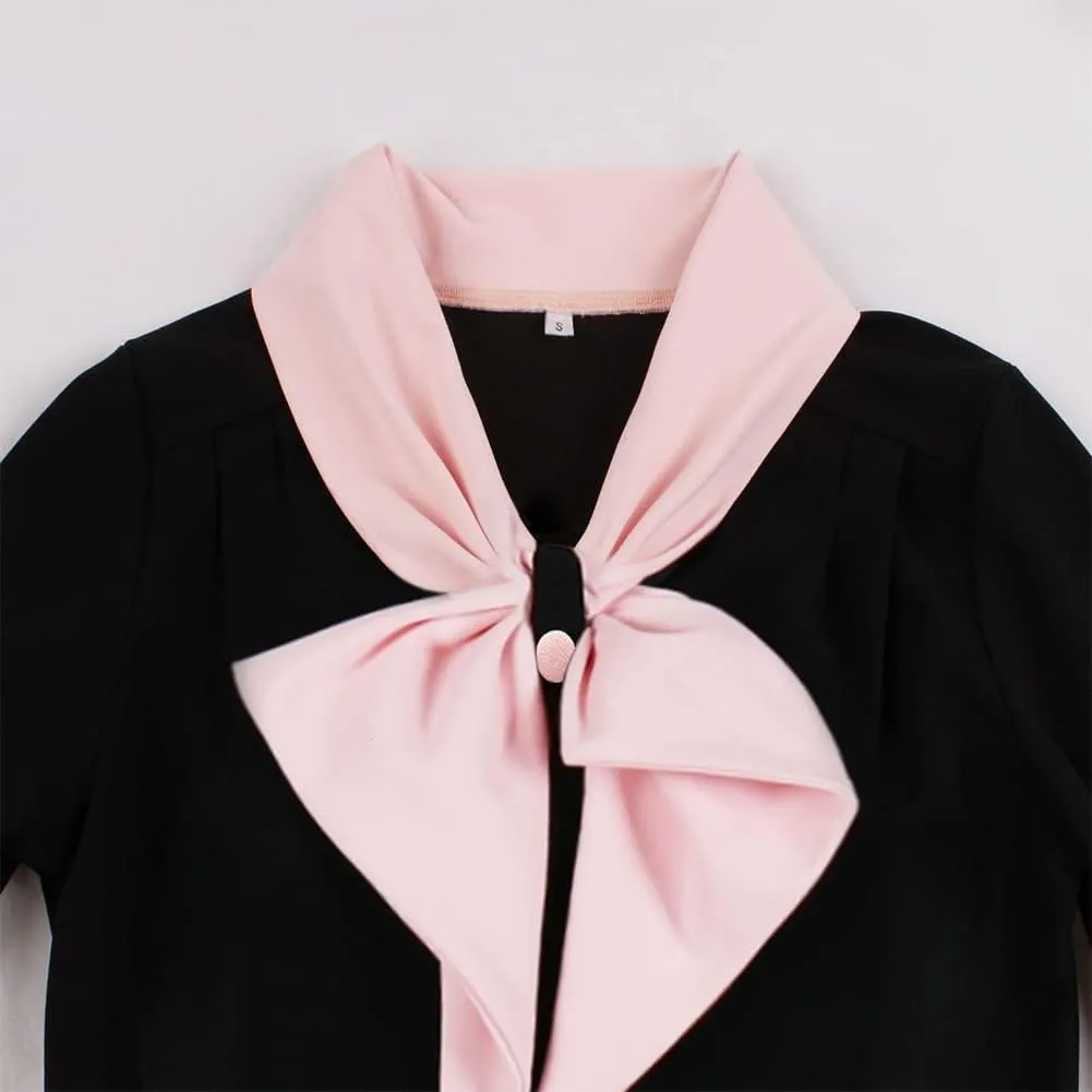 Women Short Sleeve Tie Neck Vintage Cocktail Party Dress Buttons Down 50s Flared A-Line Casual Office Work Prom Swing Dress
