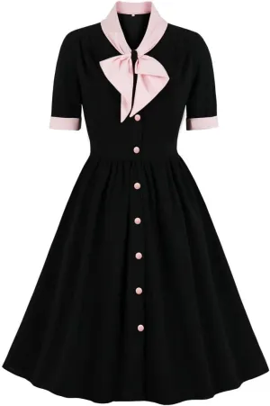 Women Short Sleeve Tie Neck Vintage Cocktail Party Dress Buttons Down 50s Flared A-Line Casual Office Work Prom Swing Dress