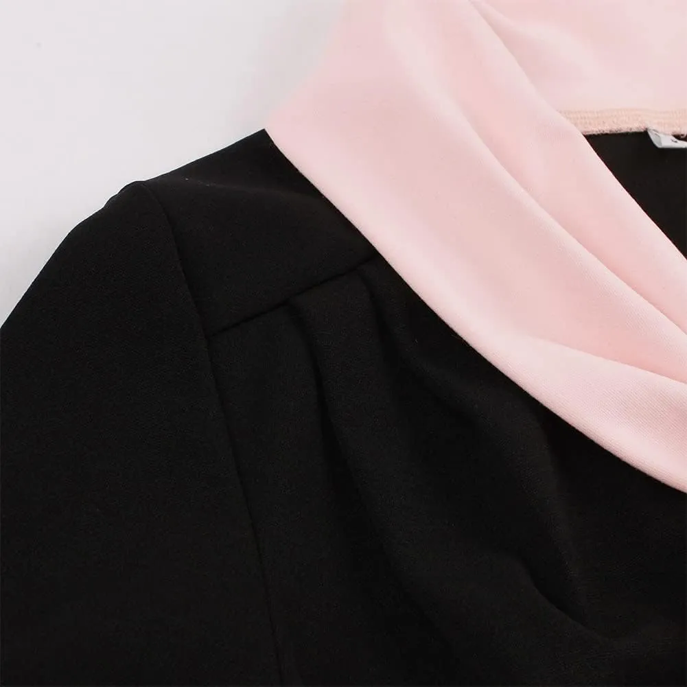 Women Short Sleeve Tie Neck Vintage Cocktail Party Dress Buttons Down 50s Flared A-Line Casual Office Work Prom Swing Dress