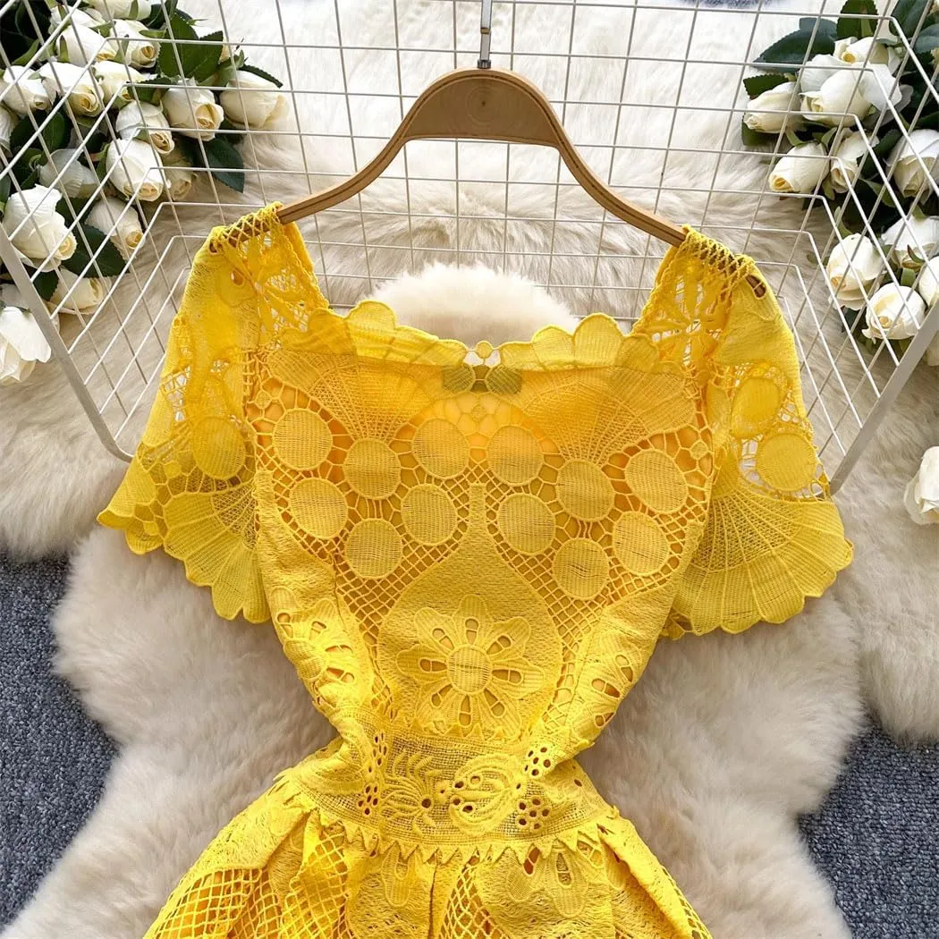 Women Slim Evening Dress Hollow Out Lace Crochet Party Dress Female Casual Fashion High End Clothing
