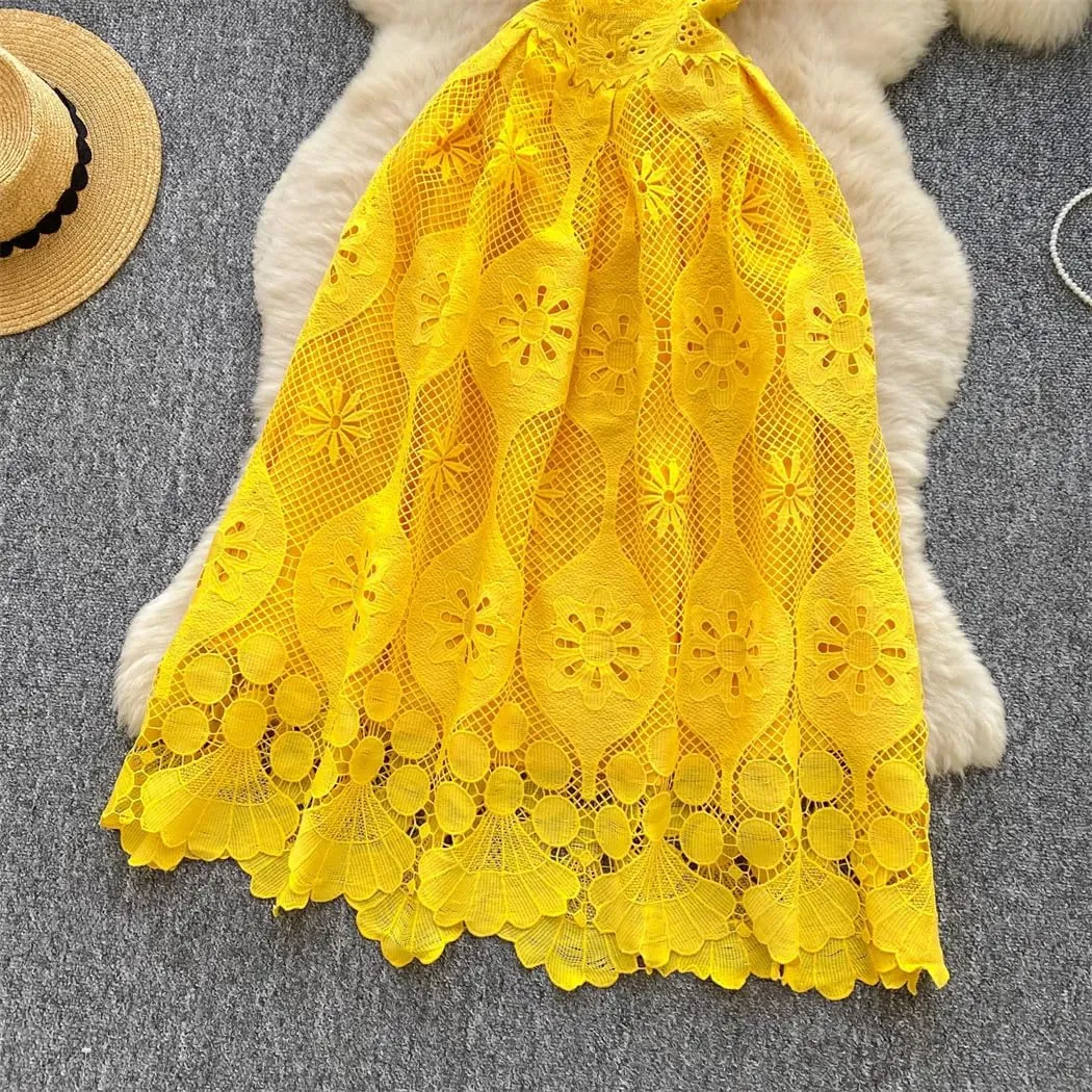 Women Slim Evening Dress Hollow Out Lace Crochet Party Dress Female Casual Fashion High End Clothing