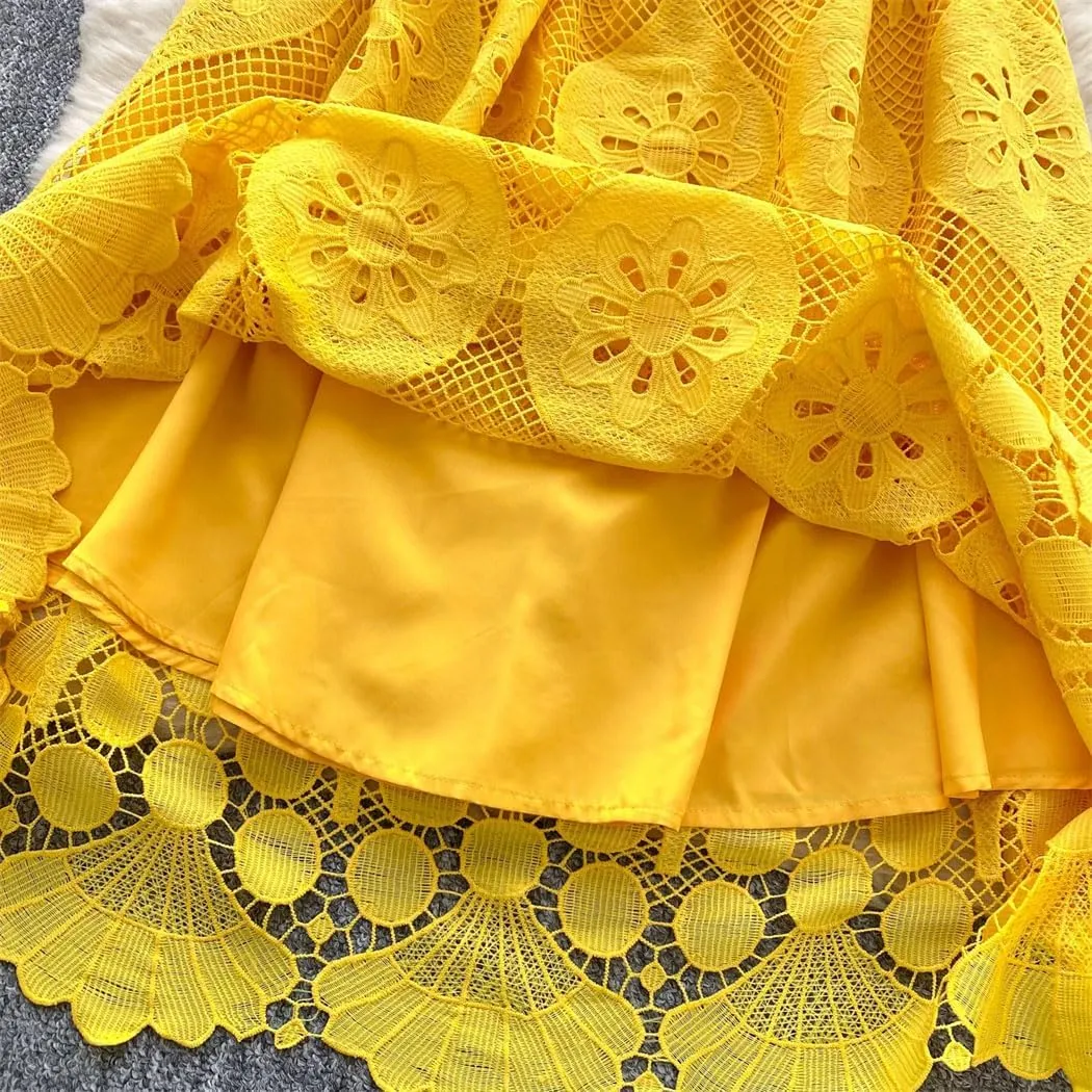 Women Slim Evening Dress Hollow Out Lace Crochet Party Dress Female Casual Fashion High End Clothing