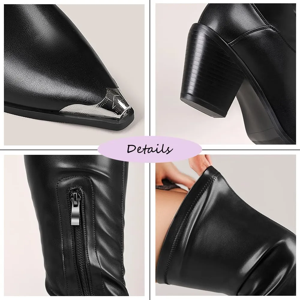 Women Thigh High Boots Leather PU Stretch Over The Knee Boots Slim Calf Block Chunky Heel Pointed Toe Cowboy Style Dress Long Boots