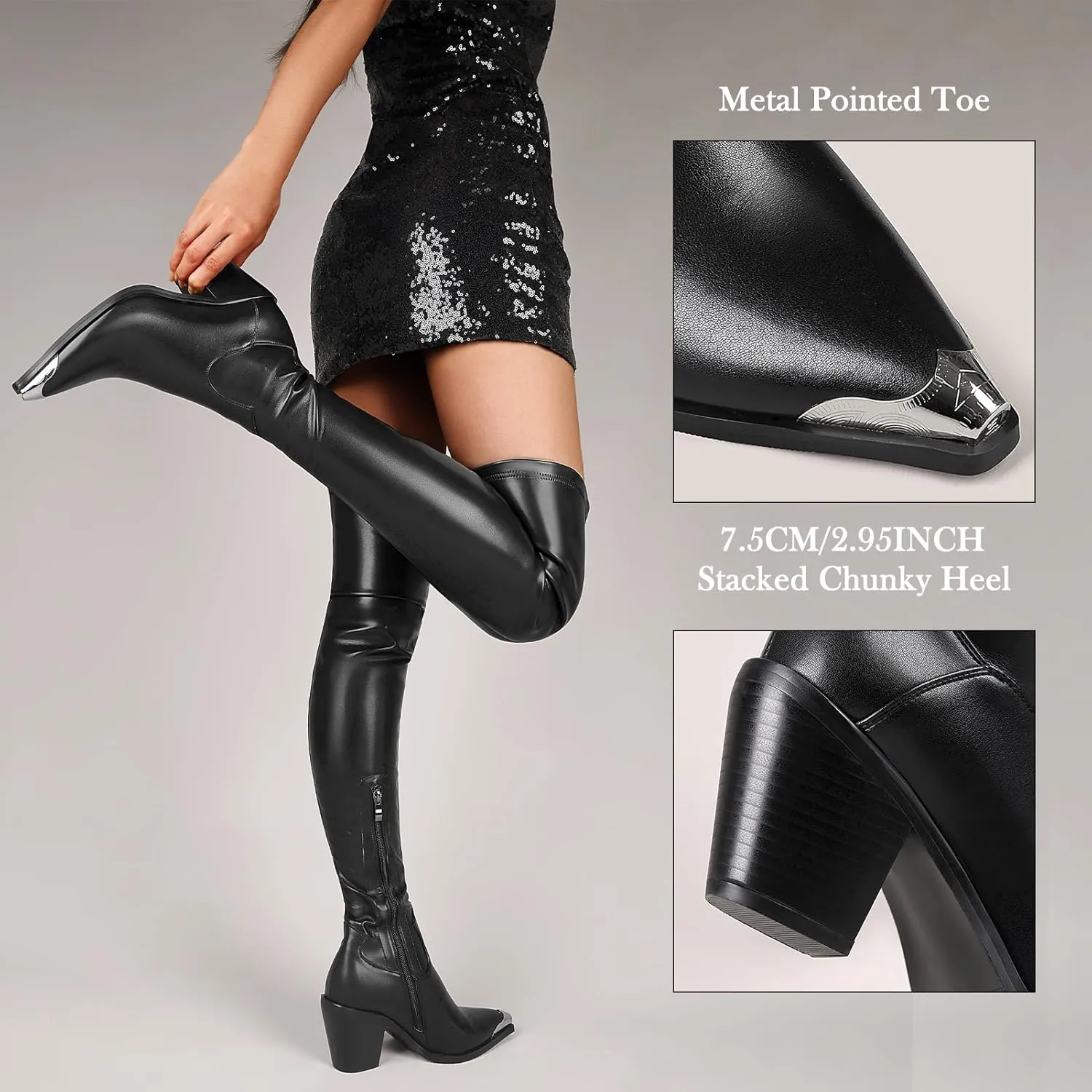 Women Thigh High Boots Leather PU Stretch Over The Knee Boots Slim Calf Block Chunky Heel Pointed Toe Cowboy Style Dress Long Boots