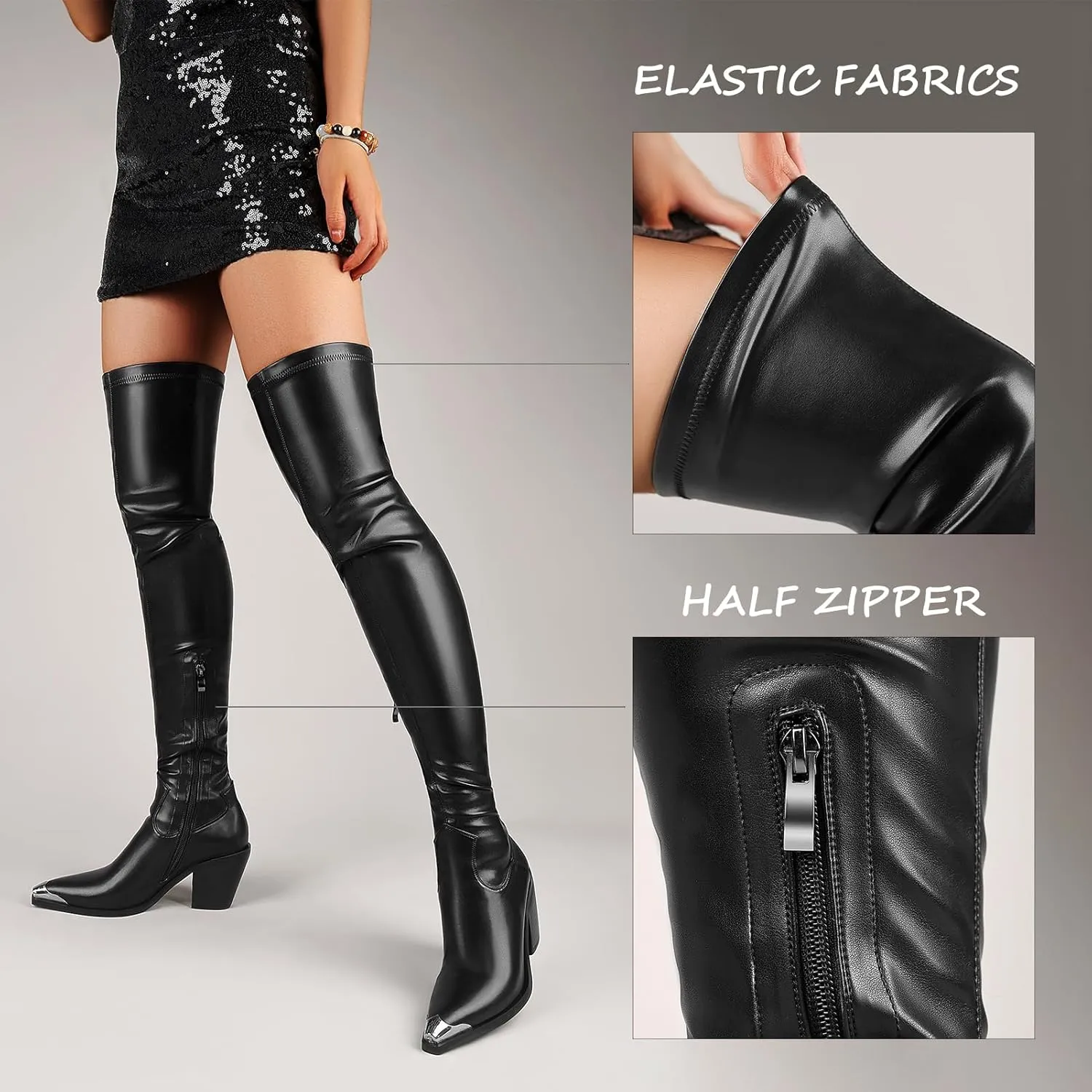 Women Thigh High Boots Leather PU Stretch Over The Knee Boots Slim Calf Block Chunky Heel Pointed Toe Cowboy Style Dress Long Boots
