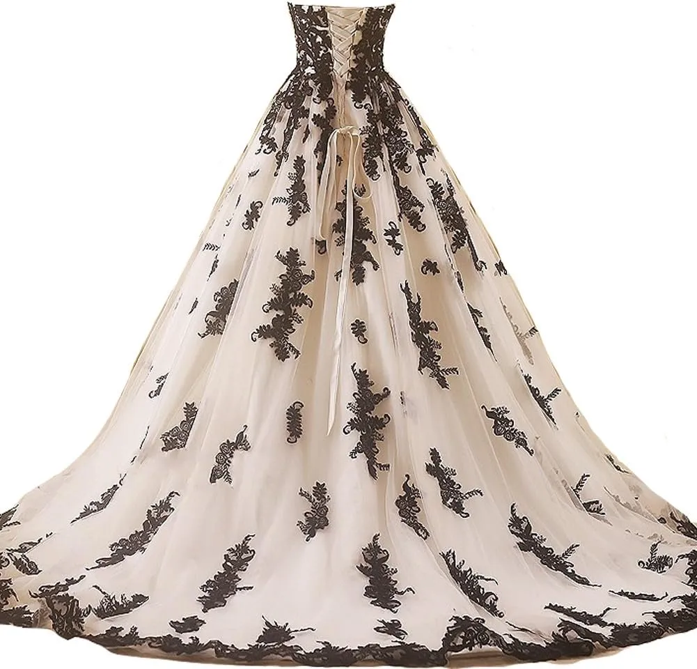Women Vintage Gothic Black Lace Ball Gown Long Prom Dresses Bridal Wedding Dresses