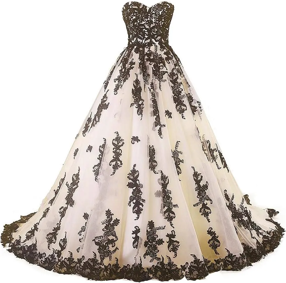 Women Vintage Gothic Black Lace Ball Gown Long Prom Dresses Bridal Wedding Dresses