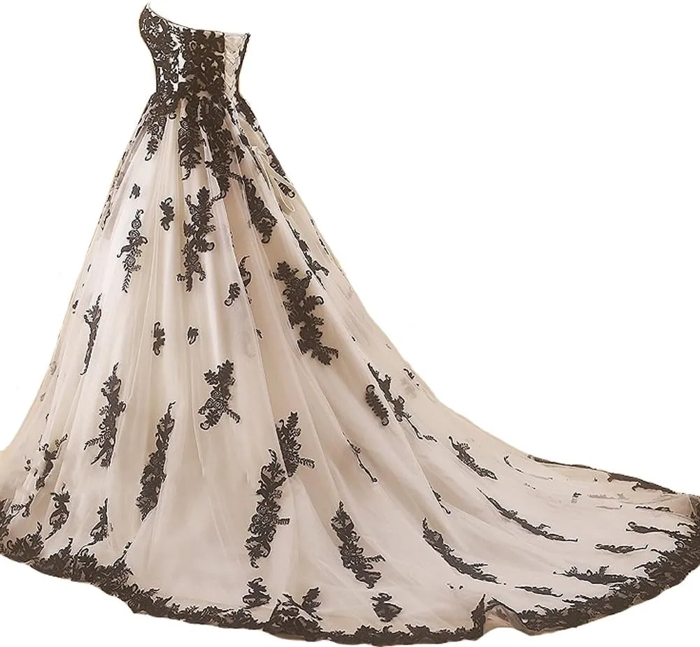 Women Vintage Gothic Black Lace Ball Gown Long Prom Dresses Bridal Wedding Dresses