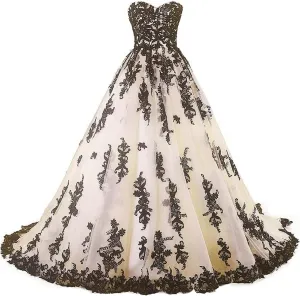 Women Vintage Gothic Black Lace Ball Gown Long Prom Dresses Bridal Wedding Dresses