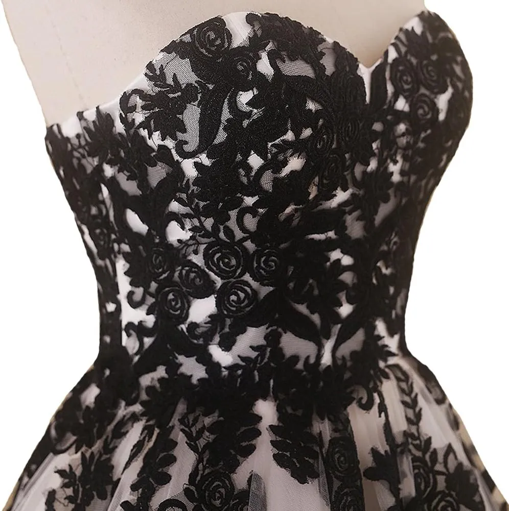 Women Vintage Gothic Black Lace Ball Gown Long Prom Dresses Bridal Wedding Dresses