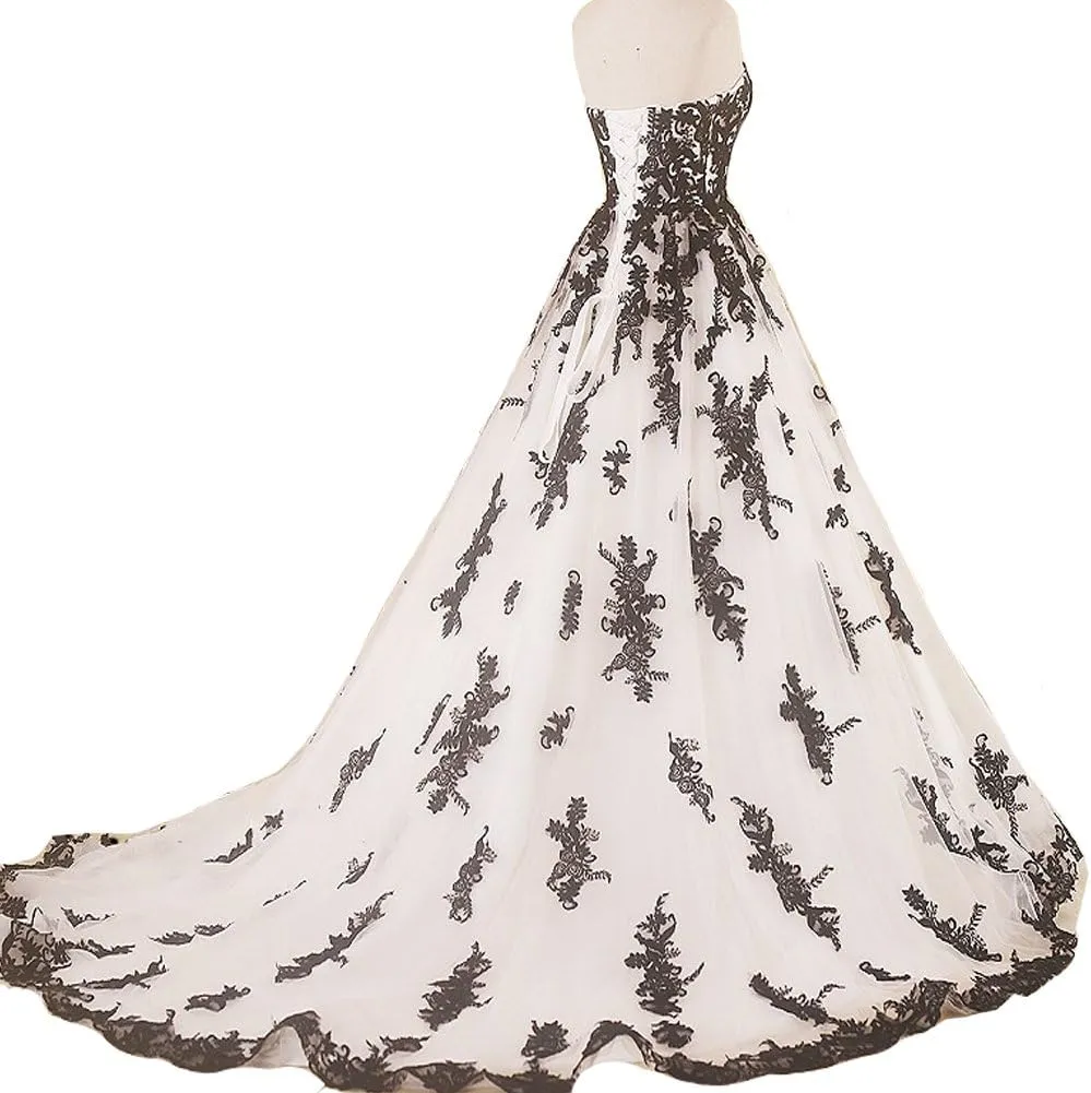 Women Vintage Gothic Black Lace Ball Gown Long Prom Dresses Bridal Wedding Dresses