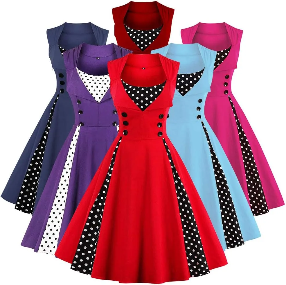 Women Vintage Polka Dot 1950s Rockabilly Halter Audrey Dress Retro Floral Evening Cocktail Swing Dress