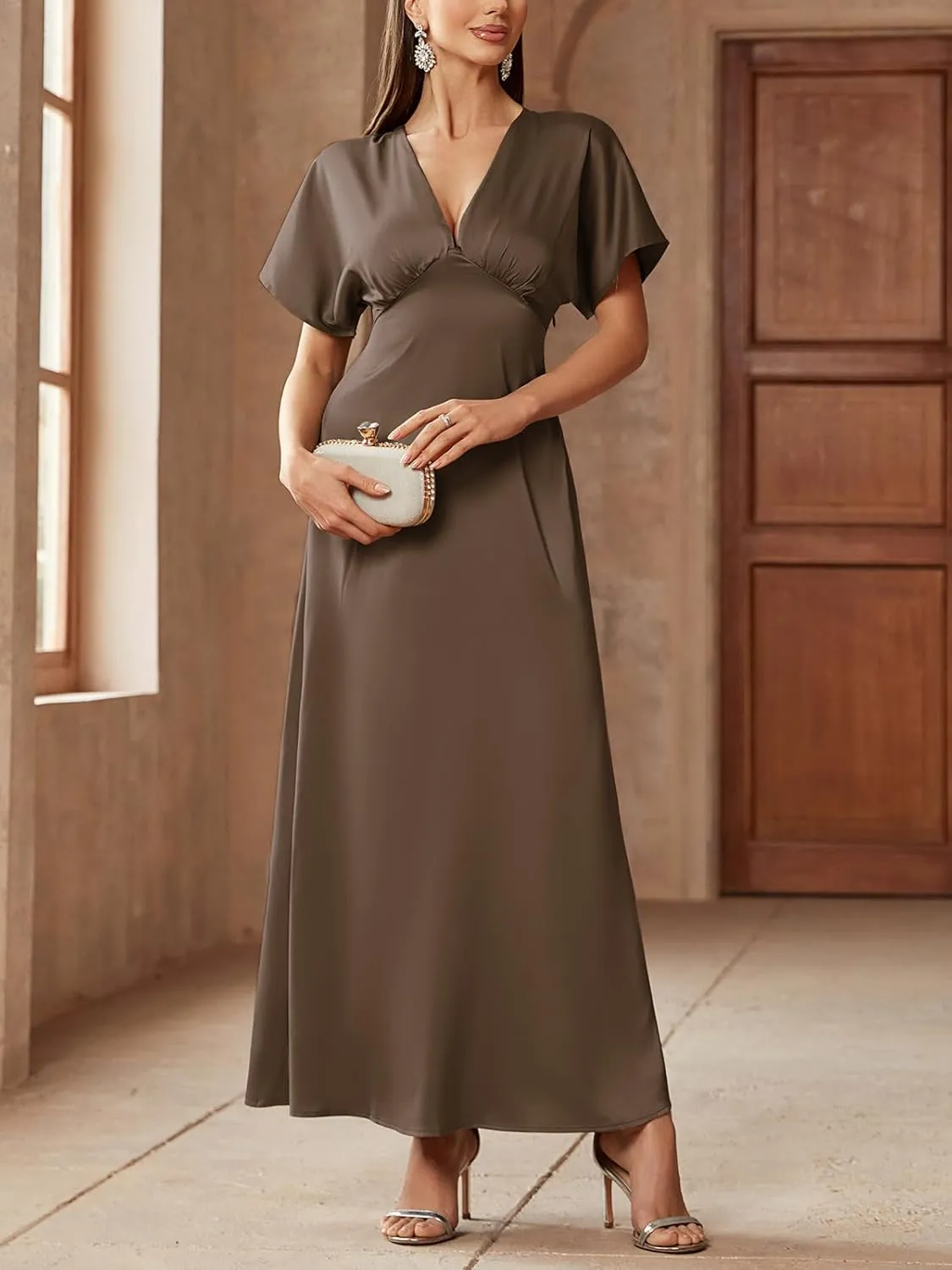 Women's 2025 Satin Dress Elegant Deep V Neck Flutter Sleeve A-Line Gown Cocktail Party Maxi Dresses
