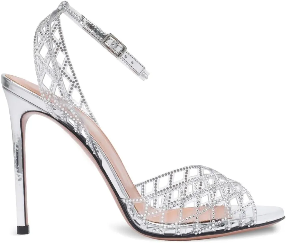 Women's Ankle Strap Sandals Transparent Cut Out Crystal Embellished Peep-Toe High Heels Silver Buckle Stiletto Rhinestone Dress Shoes For Party Wedding Prom