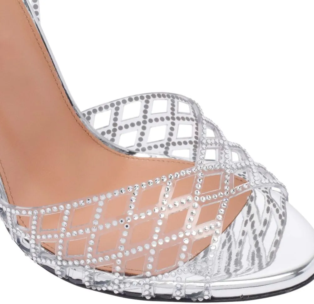 Women's Ankle Strap Sandals Transparent Cut Out Crystal Embellished Peep-Toe High Heels Silver Buckle Stiletto Rhinestone Dress Shoes For Party Wedding Prom