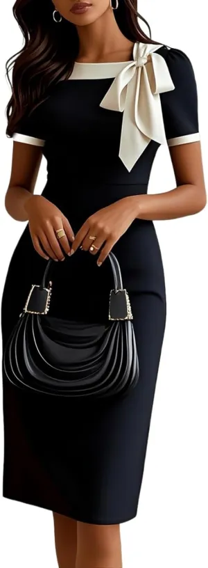 Women's Black Front Bow Bodycon Mini Dress 2025 Summer Elegant Sexy Crew Neck Short Sleeve Slim Cocktail Evening Dresses