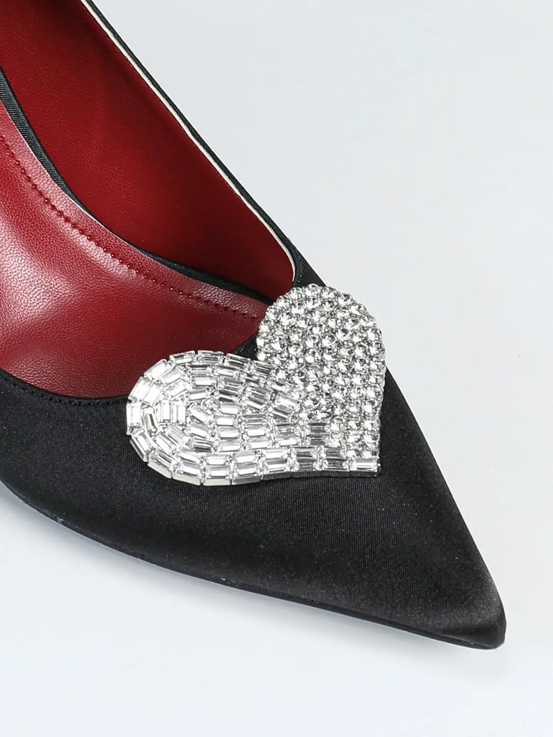 Women's Black Satin Stiletto Pumps – Heart Rhinestone Accent – Elegant Pointed-Toe Heels for Business & Evening Wear