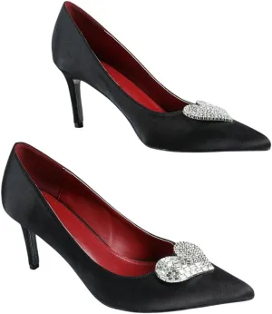 Women's Black Satin Stiletto Pumps – Heart Rhinestone Accent – Elegant Pointed-Toe Heels for Business & Evening Wear