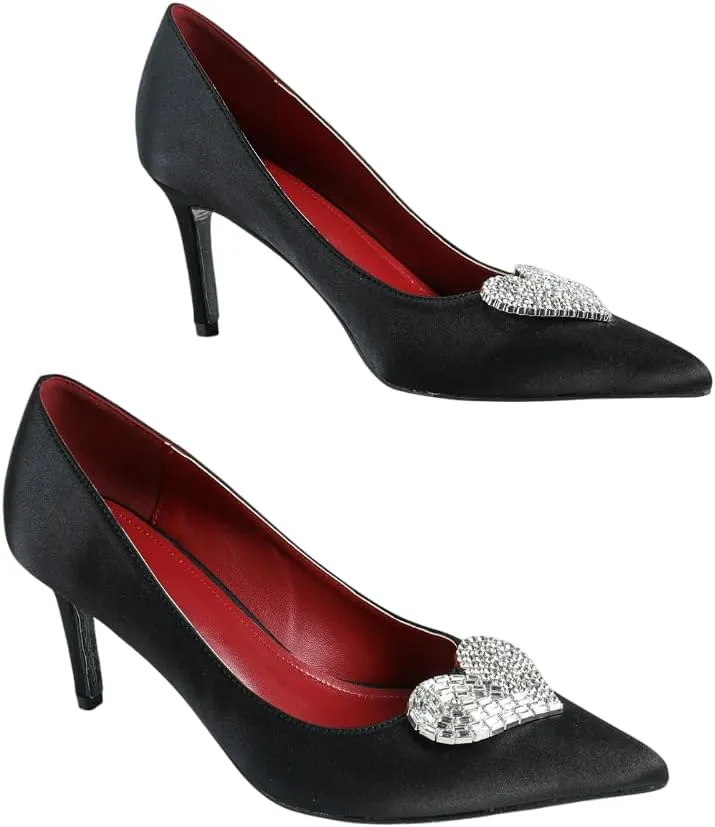 Women's Black Satin Stiletto Pumps – Heart Rhinestone Accent – Elegant Pointed-Toe Heels for Business & Evening Wear