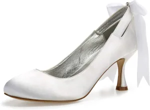 Women's Bridal Shoes 2.7" High Heel Lace Satin Pumps Satin Ribbon Tie Wedding Shoes