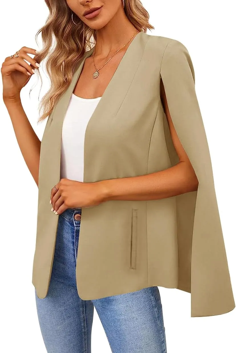 Women's Cape Blazer Split Long Sleeve Open Front Blazer Jacket Business Casual Suit Tops Cardigan Coats