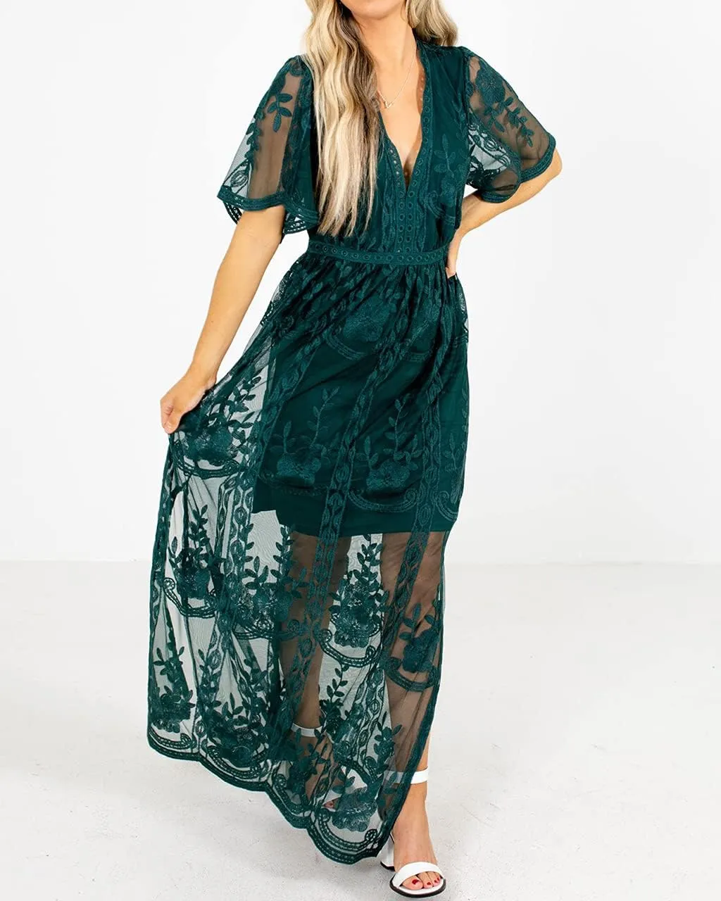 Women's Casual Off Shoulder Lace Maxi Dress Boho White Bridesmaid Wedding Evening Party Dresses