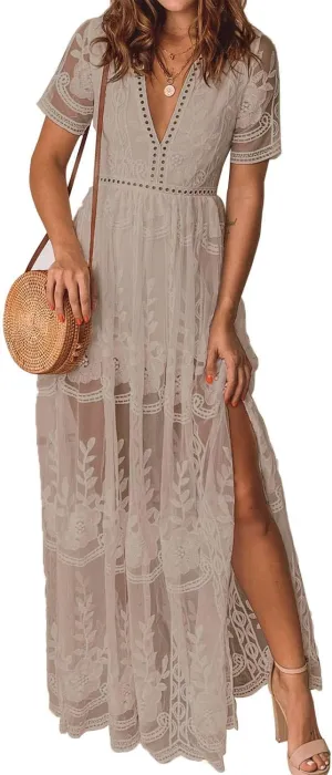Women's Casual Off Shoulder Lace Maxi Dress Boho White Bridesmaid Wedding Evening Party Dresses
