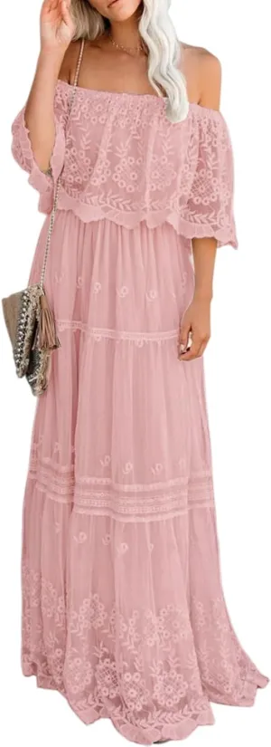 Women's Casual Off Shoulder Lace Maxi Dress Boho White Bridesmaid Wedding Evening Party Dresses