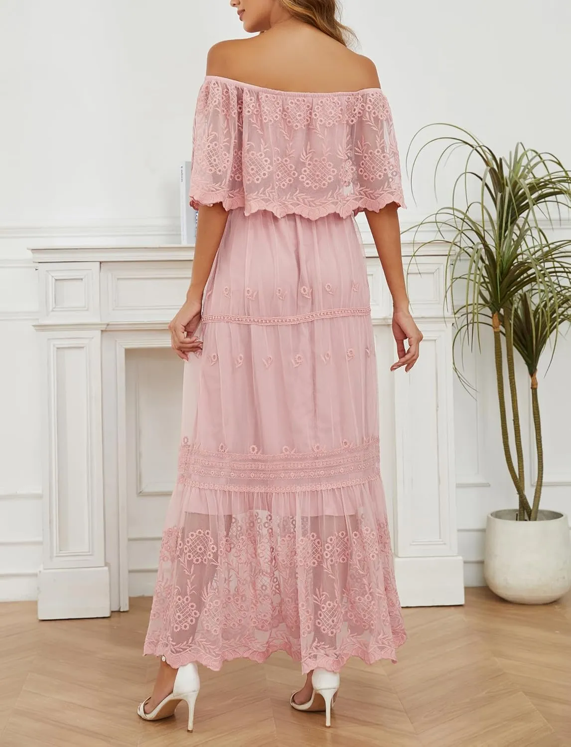 Women's Casual Off Shoulder Lace Maxi Dress Boho White Bridesmaid Wedding Evening Party Dresses