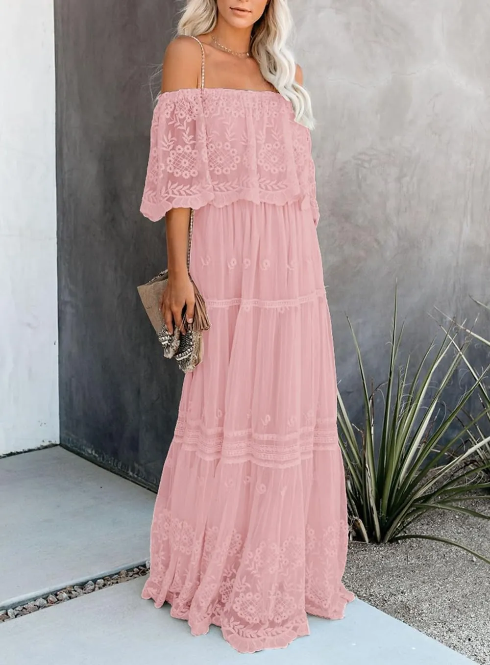 Women's Casual Off Shoulder Lace Maxi Dress Boho White Bridesmaid Wedding Evening Party Dresses