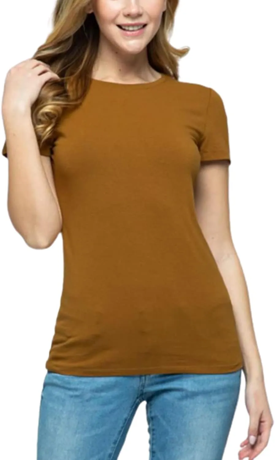Women's Crewneck Short Sleeve Slim Fitted T-Shirt Solid Basic Tee Stretchy Casual Top