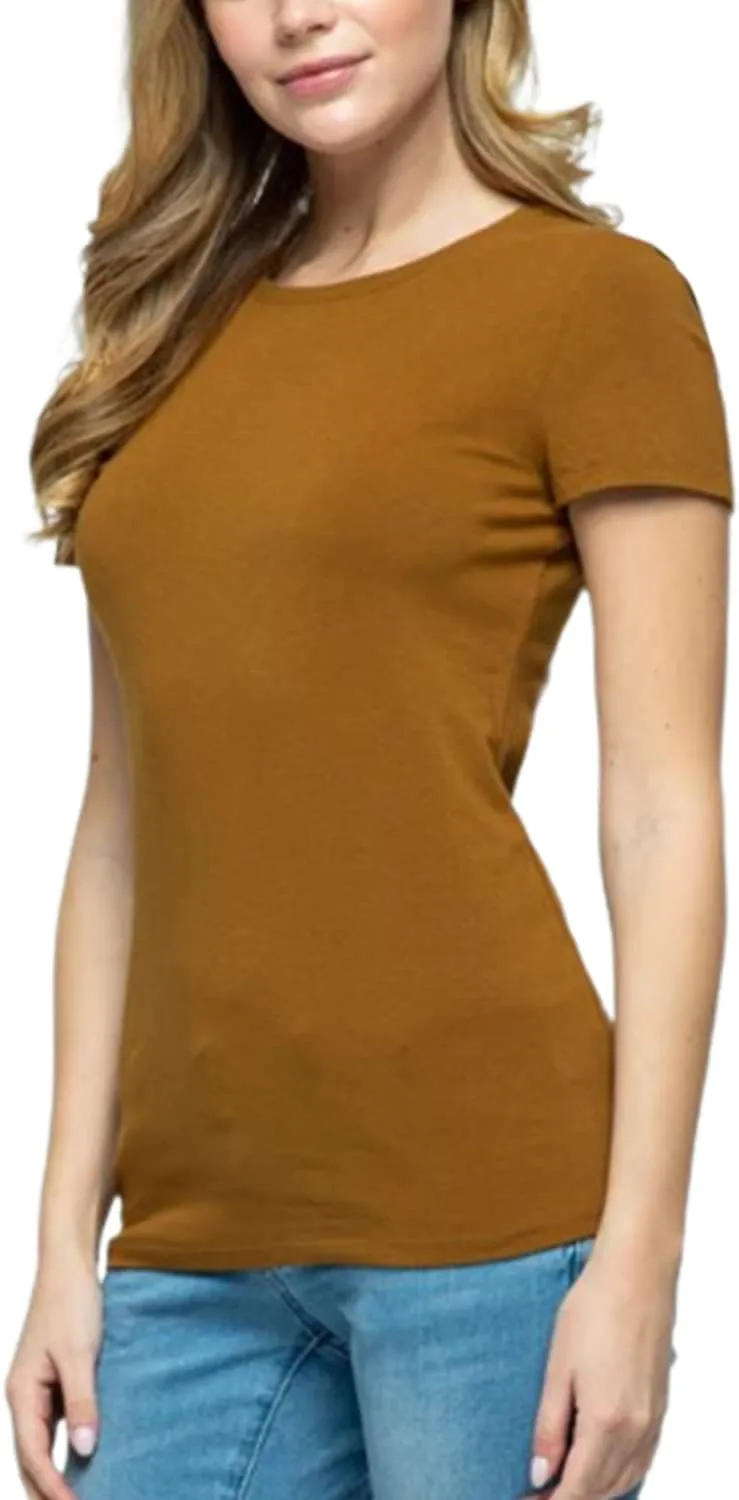 Women's Crewneck Short Sleeve Slim Fitted T-Shirt Solid Basic Tee Stretchy Casual Top