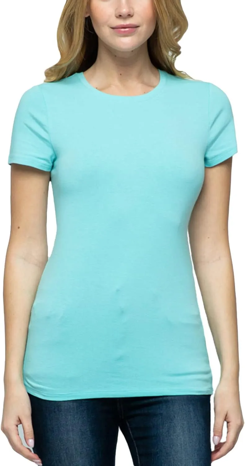 Women's Crewneck Short Sleeve Slim Fitted T-Shirt Solid Basic Tee Stretchy Casual Top