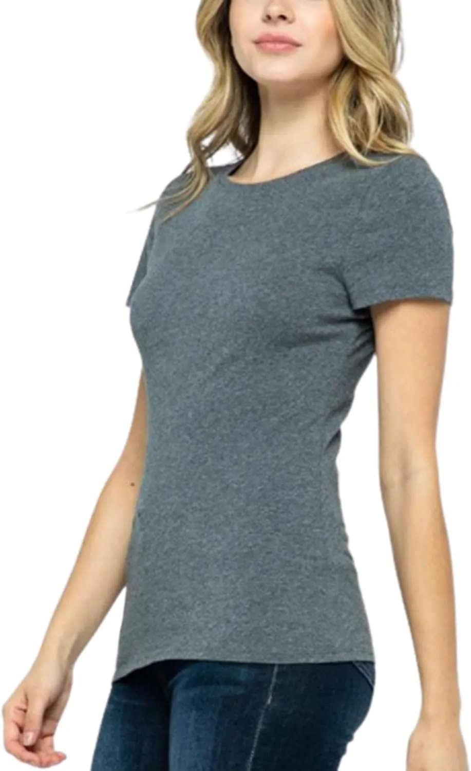 Women's Crewneck Short Sleeve Slim Fitted T-Shirt Solid Basic Tee Stretchy Casual Top